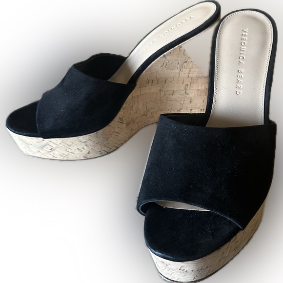 Veronica Beard Suede Cork Wedge Heel Mules - Picture 9 of 11